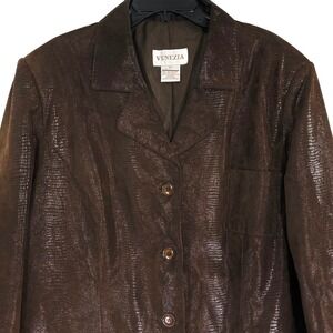 Vintage Y2K Venezia Womens B2 Brown Leather Embossed Reptile Texture Blazer Coat